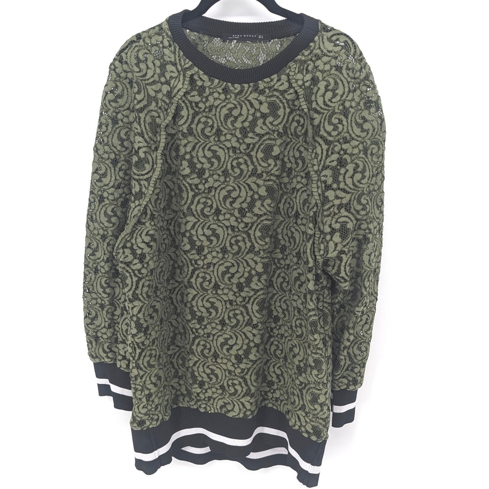 Zara Sweater Womens Medium Olive Green Sheer Lace Bomber Style Tunic Top Sporty